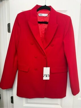 Zara Red Double-Breasted Tailored Blazer